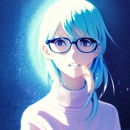 Prompt: anime cute girl in blue sweater white white pale hair black glasses standing psychedelic background by greg rutkowski makoto shinkai kyoto animation key art feminine mid shot wlop