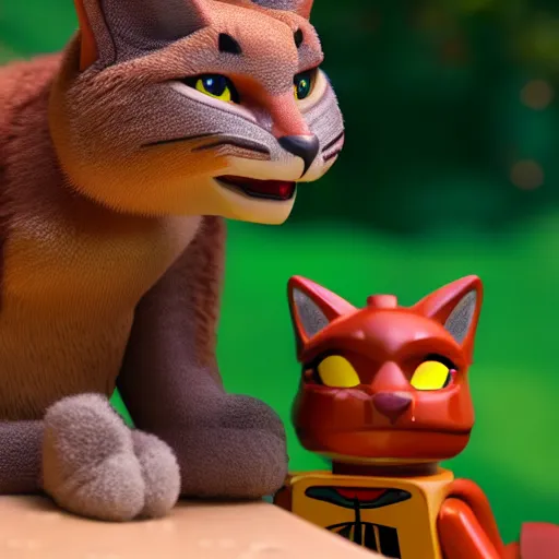 Prompt: lego cute caracal talking to a mr cute caracal head pixar animation super - fine detail uplight cinematic hd