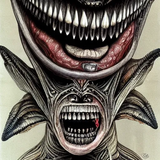 Prompt: alien trump, sharpt teeth, by h. r. giger, nightmare fuel, nightmarish, intricate, highly detailed, optical illusion - 9