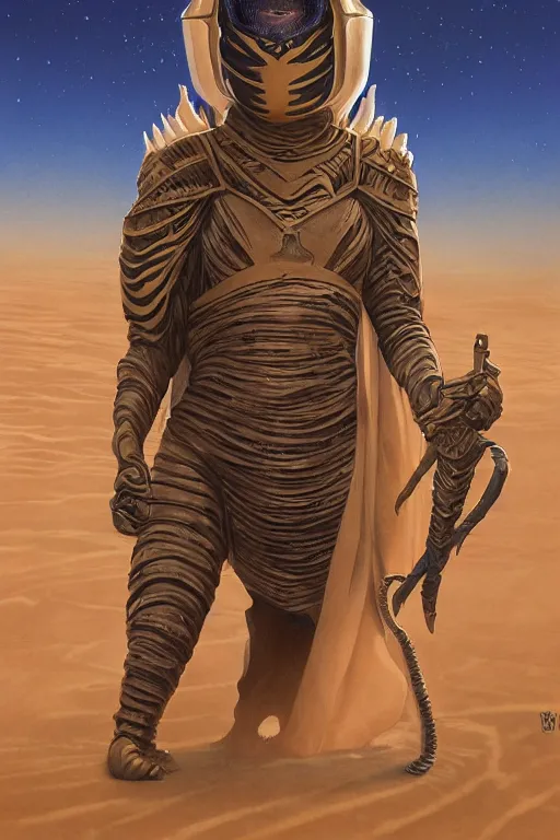 Image similar to dune themed elite sardaukar warrior, desert breathing armor, graffiti, sketch by sachin teng, moebius, artgerm, michael cheval, esao andrews, francois boucher, masterpiece, intricate organic painting, matte painting, hard edges, highly detailed, cinematic lighting character art movie poster by drew struzan