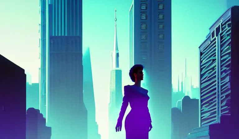 Prompt: a beautiful and immaculate overcast futuristic city. the silhouette of a stylish beautiful sean young as rachel standing in an alleyway. vaporwave ombre rendering. outrun style. trending on artstation. recommended for you behance. by chris moore. by edward hopper. beeple colors. ambient occlusion. digital matte painting. metropolis filmic. gotham city.