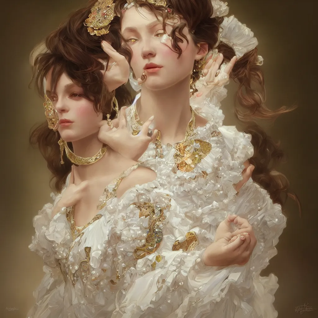 Prompt: one realistic one lady with a decorated dress made of white pearls , highly detailed, digital painting, Trending on artstation , HD quality, by artgerm and greg rutkowski and alphonse mucha, dramatic light, octane