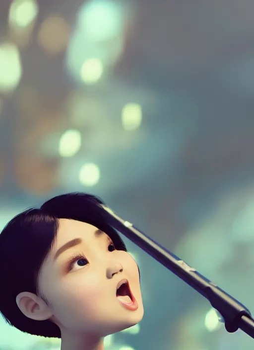 Image similar to a cute Asian girl singing, short stylish hair in the style of DreamWorks animation, mid-shot, low angle view, 16mm lens, award winning, hyper detailed, studio lighting, artstation, octane renderer, unreal engine