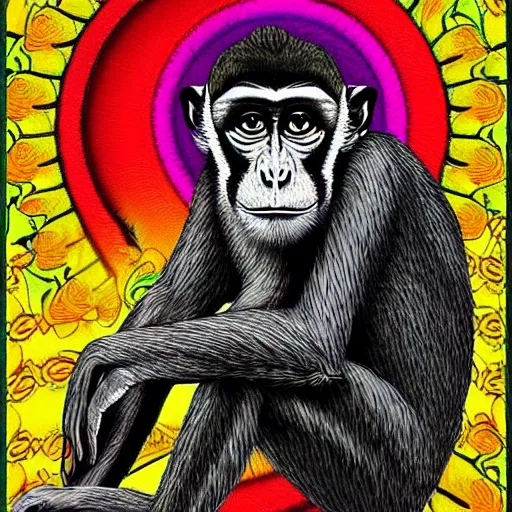 Image similar to psychedelic monkey sad thinking about the life, multicolor