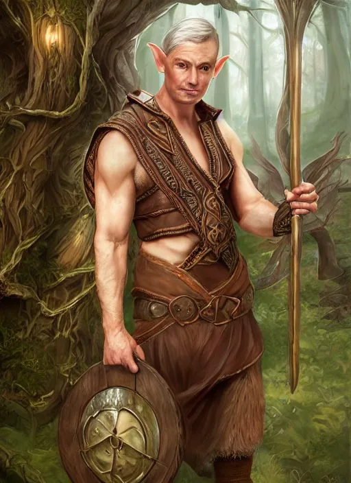 Image similar to a relaxed male elf middle aged druid in a sleeveless west, brown short hair, strong, full body, 8 k, hyperrealistic, hyperdetailed, fantasy portrait by laura sava