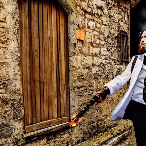 Prompt: A mage wearing formal suit in an Alley of a medieval town casting an spell using a magic circle, 4k, digital art