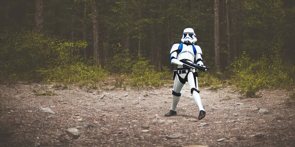 Image similar to photo of a clone trooper dancing in the wilderness, cinematic, anamorphic bokeh, 4 0 mm f / 2. 8, scenic