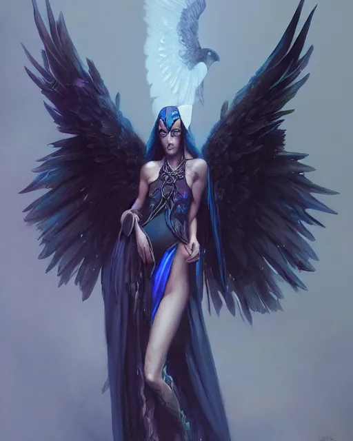 Prompt: character portrait of a modest robed dark raven angel of night with iridescent black raven wings, by Peter Mohrbacher, Mark Brooks, Jim Burns, Marina Abramović, Wadim Kashin, Greg Rutkowski, trending on Artstation