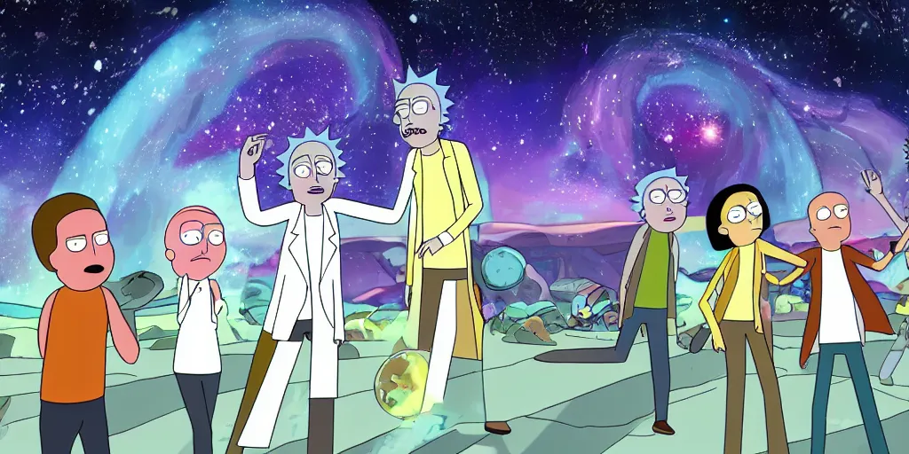 Image similar to sky, stars, galaxy, rick and morty playing harry potter