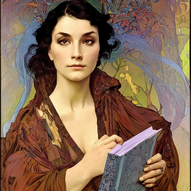 Image similar to an aesthetic! detailed close - up portrait of an aesthetic woman, covered by transparent veil, holding an leather bound book, by frank frazetta and alphonse mucha, oil on canvas, bright colors, art nouveau, epic composition, dungeons & dragons fantasy art, hd, god - rays, ray - tracing, crisp contour - lines, huhd - 8 k