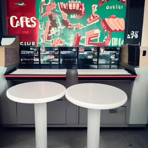 Prompt: photo of a minimalist white arcade with cafe tables, and retro art on the white walls