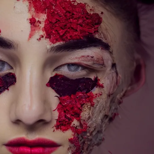 Prompt: female model face, completely red skin, face made of fragments of ash, fashion shooting, 85mm lens, dust particles