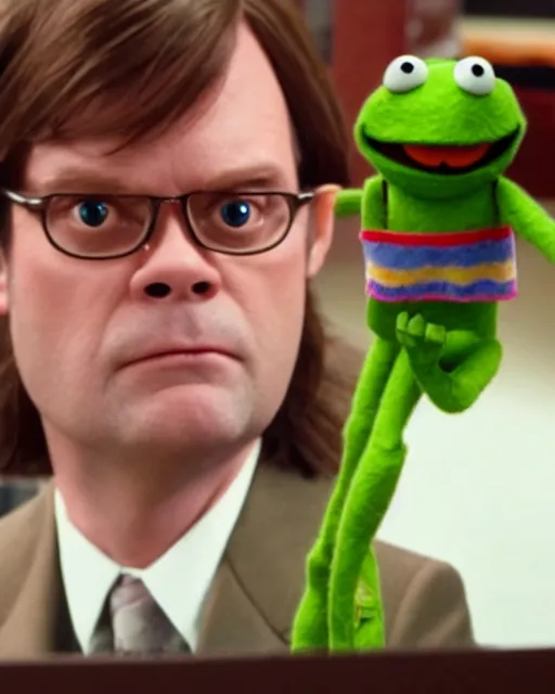 Image similar to film still from the office, dwight schrute as a muppet. highly detailed felt. hyper real photo. 4 k.