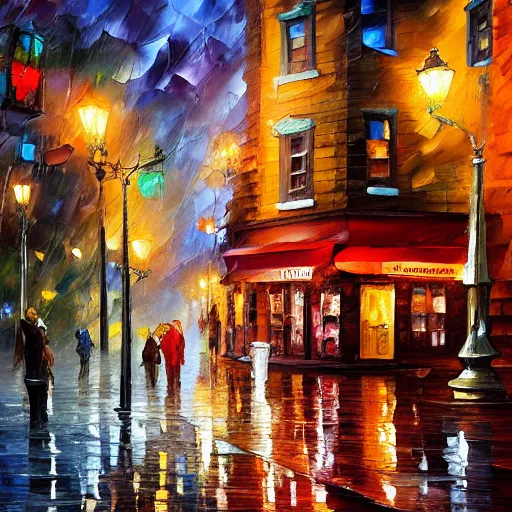 Image similar to a painting of a street corner in the Haight neighborhood with a coffee shop covered in christmas lights, by Tyler Edlin and leonid afremov, behance contest winner, american scene painting, concept art, streetscape, rainy, cozy