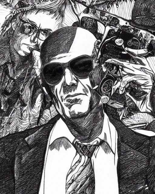 Image similar to Hunter S Thompson drawn by Kentaro Miura, extremely high detail, manga