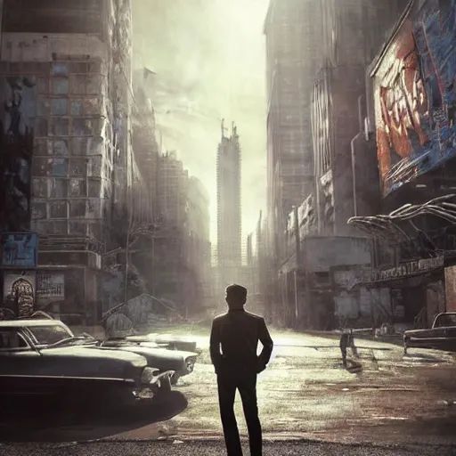 Image similar to fallout 5, charismatic david bowie, portrait, outdoors ruined cityscape, atmospheric lighting, painted, intricate, volumetric lighting, beautiful, daytime, sunny weather, slight overcast, sharp focus, deep colours, ultra detailed, by leesha hannigan, ross tran, thierry doizon, kai carpenter, ignacio fernandez rios