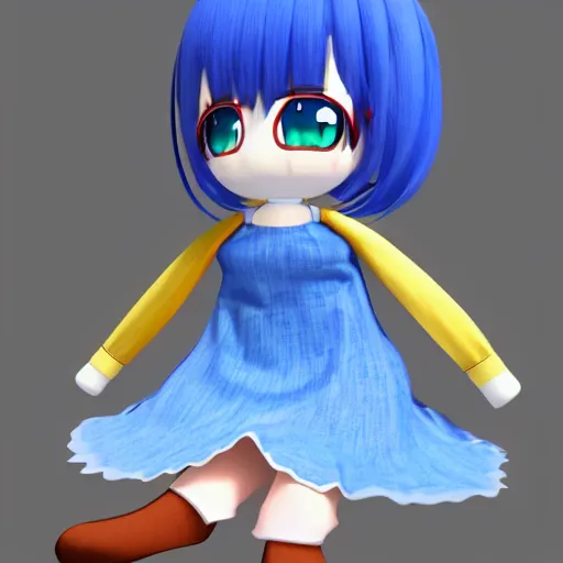 Image similar to cute fumo plush of a girl in a blue and oragne dazzle pattern dress, anime, character silhouette, edge glow, cel shaded pbr, vray