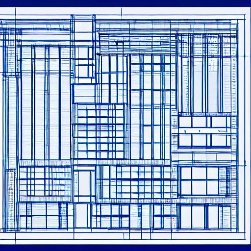 Prompt: Architecture technical blueprint, white and blue, lines