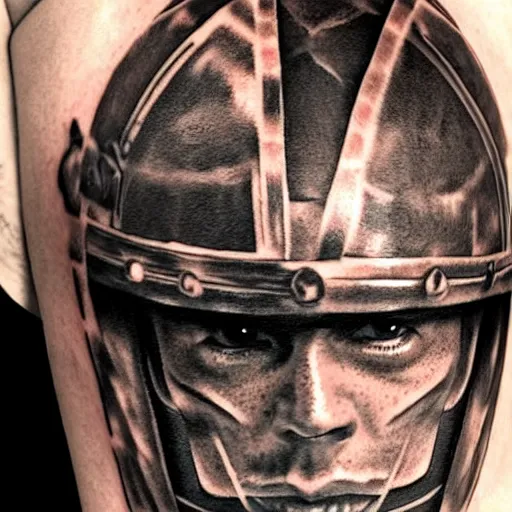 Image similar to close up of a gladiator's helmet, tattoo, tattoo art, Black and grey tattoo style