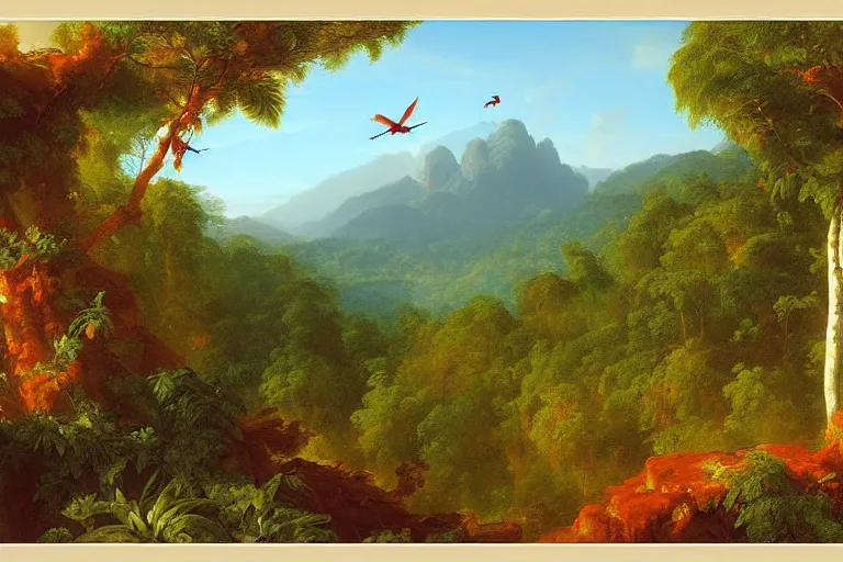 Prompt: gorgeous scarlet macaws flying at beautiful sunset in the distance through the forest, jungle mountains in the background, highly detailed, trending on art station, very detailed birds, painting by thomas cole