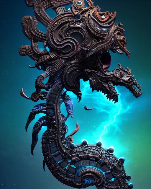 Prompt: 3 d ornate carved dark cosmic horse withfull body, sigma 5 0 0 mm f / 5. beautiful intricate highly detailed quetzalcoatl skull. bioluminescent, plasma, lava, ice, water, wind, creature, thunderstorm! artwork by tooth wu and wlop and beeple and greg rutkowski, 8 k trending on artstation