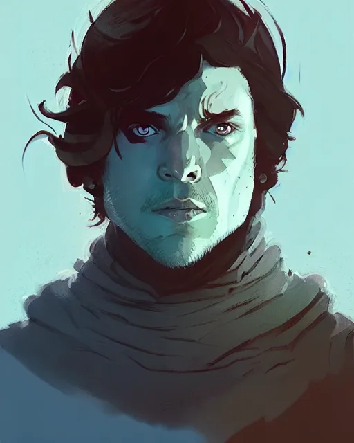 Image similar to portrait of raven male lord from game of thrones by atey ghailan, by greg rutkowski, by greg tocchini, by james gilleard, by joe fenton, by kaethe butcher, dynamic lighting, gradient light blue, brown, blonde cream and white color scheme, grunge aesthetic