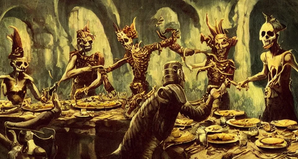 Image similar to Vintage fantasy art of a necromancer being served dinner by his loyal skeletons.