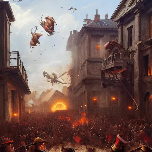 Image similar to a highly detailed oil painting of a giant dachshund smashing houses, renaissance, bystanders watching from the sides, 4 k, by greg rutkowski, artstation,