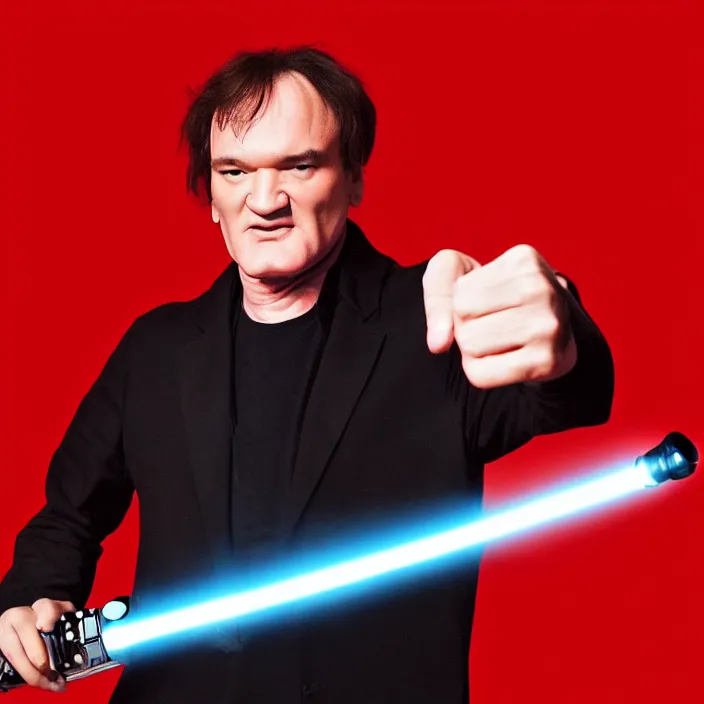 Prompt: quentin tarantino raising a lightsaber with his right hand, giving thumbs down with his left hand. without characters. red and black background. cinematic trailer format.