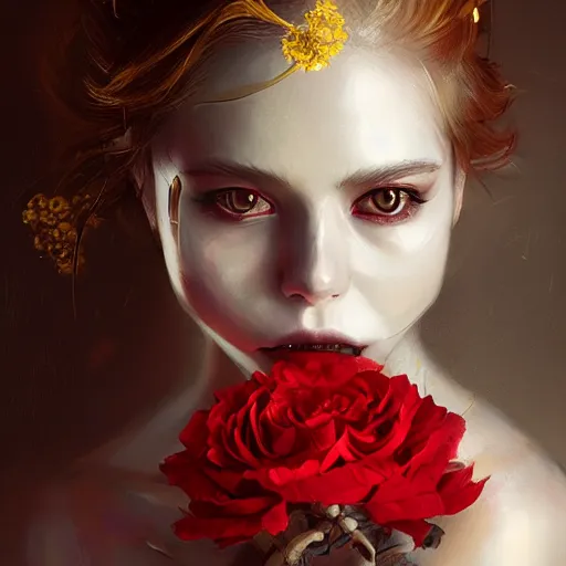 Prompt: A potrait of a women skull head with gold and red flowers, digital painting, by Stanley Artgerm Lau, WLOP, Rossdraws, LeraPi, and Sakimichan, digital painting, trending on ArtStation, deviantart, SFW version