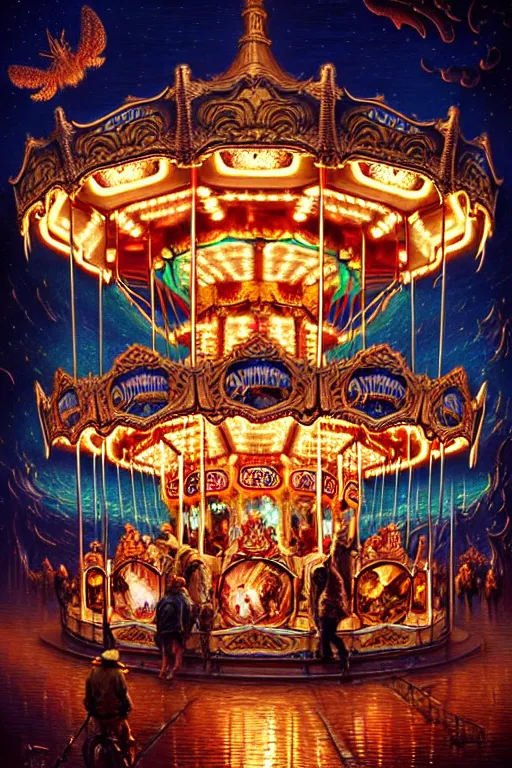 Prompt: intricate detailed Carousel james gurney,dan luvisi,Petros Afshar,tim hildebrandt,liam wong,Mark Riddick,thomas kinkade,ernst haeckel,dan mumford,trending on artstation,josephine wall, WLOP ,cgsociety by Gediminas Pranckevicius, trending on cgsociety and DeviantArt