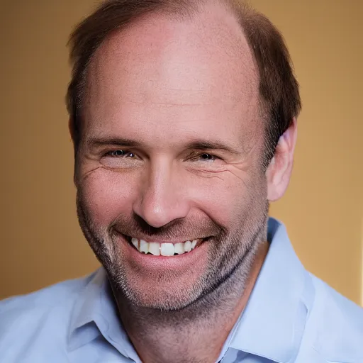 Image similar to color photograph of a balding, middle aged, brown haired, hairy, blue eyed, round faced, short white man dressed in a white shirt, smiling at the camera with perfect, straight white teeth