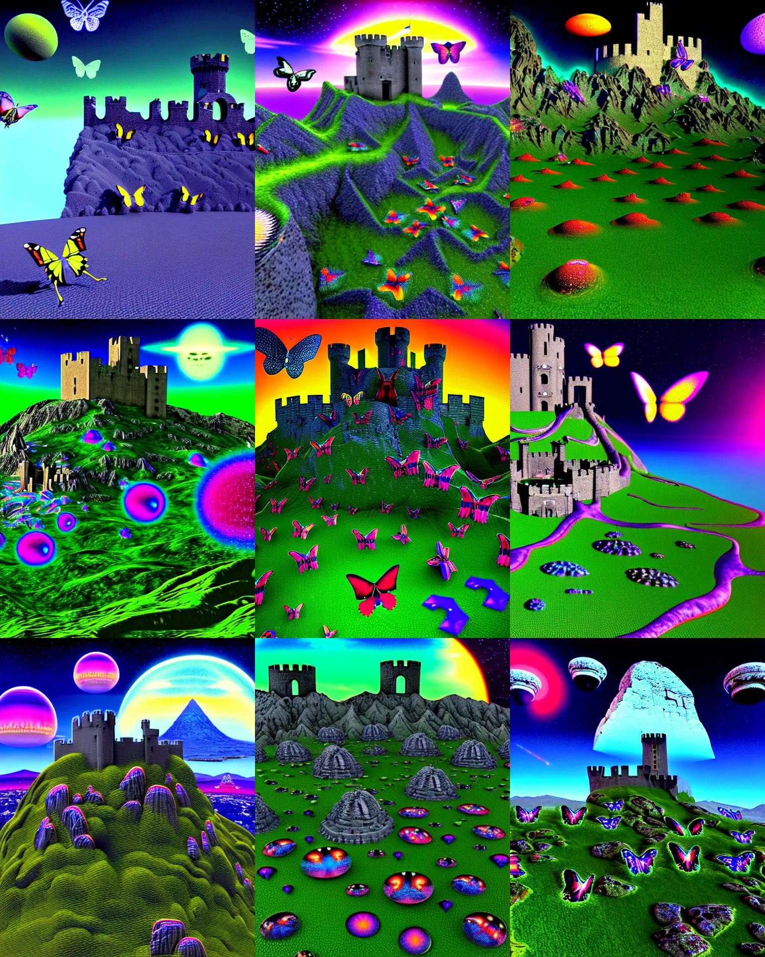 Prompt: 3 d render of cybernetic mountain landscape with castle ruins with alien ufos against a psychedelic surreal background with 3 d butterflies and 3 d flowers n the style of 1 9 9 0's cg graphics, lsd dream emulator psx, 3 d rendered y 2 k aesthetic by ichiro tanida, 3 do magazine, wide shot