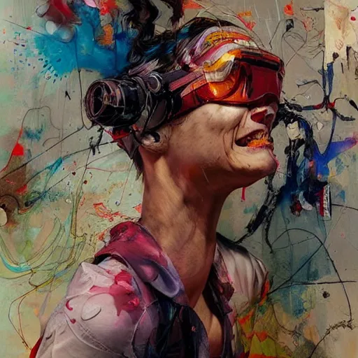 Image similar to grinning woman in a vr headset, dynamic energic pose, cyberpunk in the style of adrian ghenie, esao andrews, jenny saville, surrealism, dark art by james jean, takato yamamoto