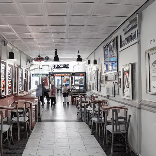 Image similar to photo of a white arcade / cafe interior, 8 0 s art on the tall white walls, wide angle shot 4 k hdr