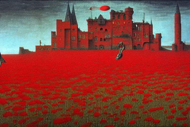 Image similar to only with red, red flowers of different types, a red tiger, a castle in the background, medieval demons dance over the flowers, an ancient path, in the style of beksinski, part by hopper, part by rodcenko, part by hofbauer, intricate composition, red by caravaggio, insanely quality, highly detailed, masterpiece, red light, artstation