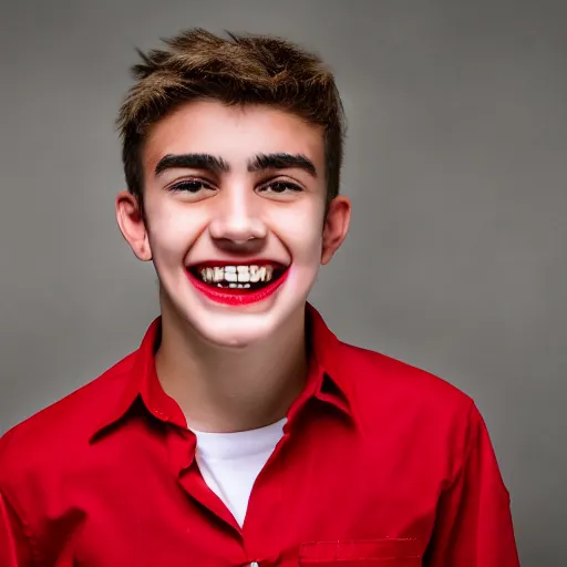 Image similar to a male teen in red with blood and an evil grin with injuries wearing white shirt on a burning background