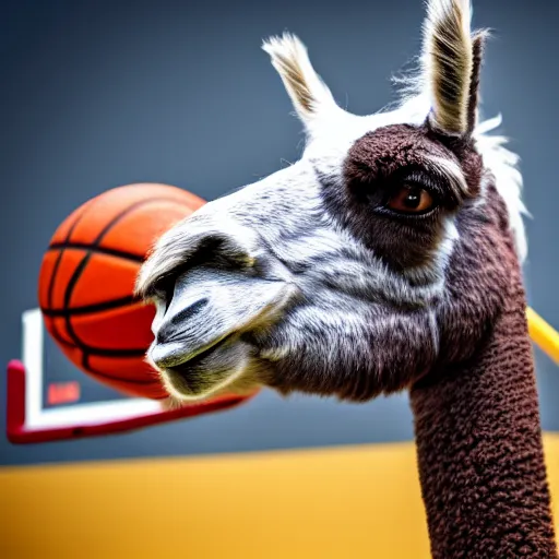 Image similar to a photo of a llama dunking a basketball, 4 k, photography, high resolution