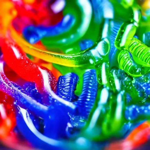 Prompt: macro image of a bowl full of gummy worms, realistic, glistening, slightly sprayed with water.