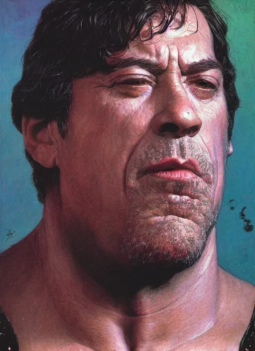 Prompt: upper body and head portrait of javier bardem as thanos, by lawrence alma tadema and zdzislaw beksinski and norman rockwell and jack kirby and tom lovell and greg staples