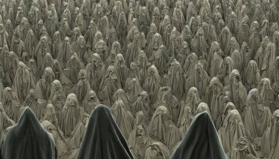 Prompt: Enigmatic Hooded Figures perform a secret Ritual in a huge temple, High Detail, Movie Screenshot, denis villeneuve