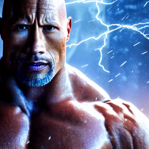 Prompt: photorealistic full shot of Dwayne Johnson as a warrior style goku super saiyan at moonlight, snowing, lightning bolt, high detail, unreal engine 4k volumetric light, fog,