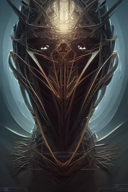 Image similar to professional concept art symmetric portrait of a terrifying! mechanical! predatory fractal! species in a dark room by artgerm and greg rutkowski. an intricate, elegant, highly detailed digital painting, concept art, smooth, sharp focus, illustration, in the style of cam sykes.