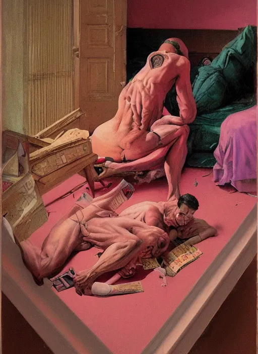 Prompt: realistic detailed image of a large moth man in a pink bedrooml in the style of Francis Bacon, Surreal, Norman Rockwell and James Jean, Greg Hildebrandt, and Mark Brooks, triadic color scheme, By Greg Rutkowski, in the style of Francis Bacon and Syd Mead and Edward Hopper and Norman Rockwell and Beksinski, open ceiling, highly detailed, painted by Francis Bacon, painted by James Gilleard, surrealism, airbrush, Ilya Kuvshinov, WLOP, Stanley Artgerm, very coherent, art by Takato Yamamoto and James Jean