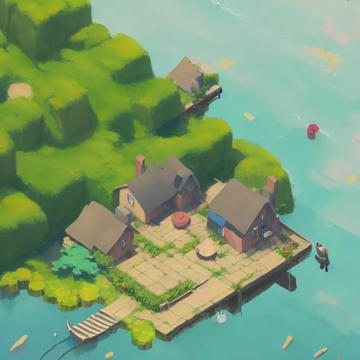 Image similar to isometric view of a lovely cottage standing in the middle of a lake, plain background, cory loftis, james gilleard, atey ghailan, makoto shinkai, goro fujita, studio ghibli, exquisite lighting, clear focus, very coherent, soft painting