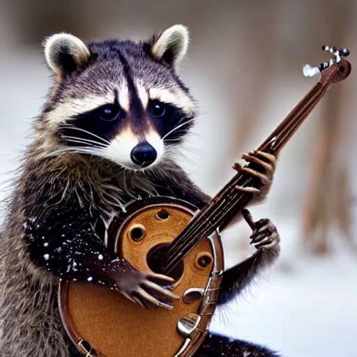 Prompt: raccoon playing a banjo in a snowy field