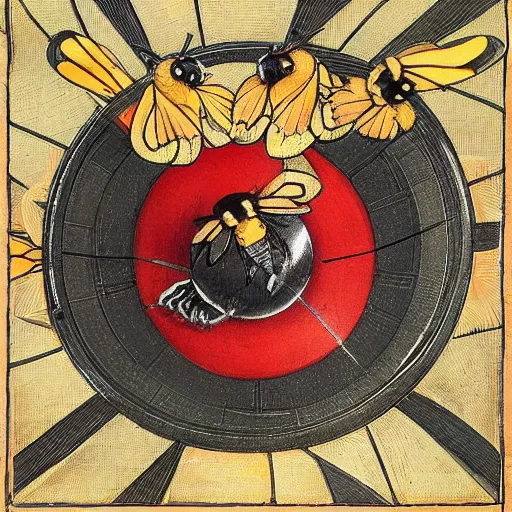 Prompt: a bloody ritual spell with a bumblebee at the middle of a bullseye of salt, art nouveau