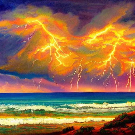 Image similar to a painting of a landscape panorama of a cozy seaside village with a menacing lightning storm on the ocean horizon, vivid colors, by anthony micallef by camille rose garcia,