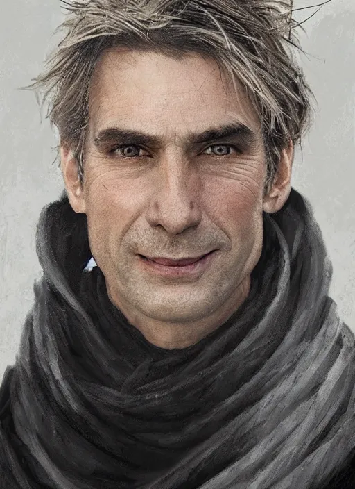 Prompt: a clean shaven man aged 4 0 with tousled blonde hair and hazel eyes and a friendly smile standing in the mist. he is handsome and wearing a cloak made of grey and black strips. head and shoulders portrait painting by greg rutkowski and raymond swanland.