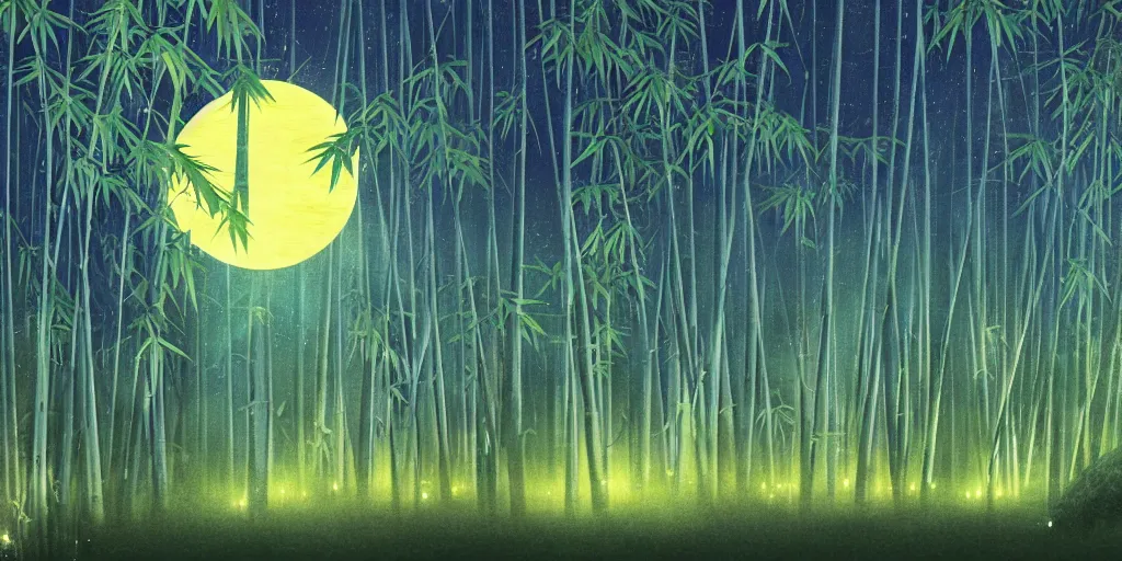 Image similar to a lightning bolt cuts through a bamboo forest, moonlight, tiny fireflies glowing, illustration style, graphic illustration, 4 k wallpaper, drawn by hiroshi yoshida.